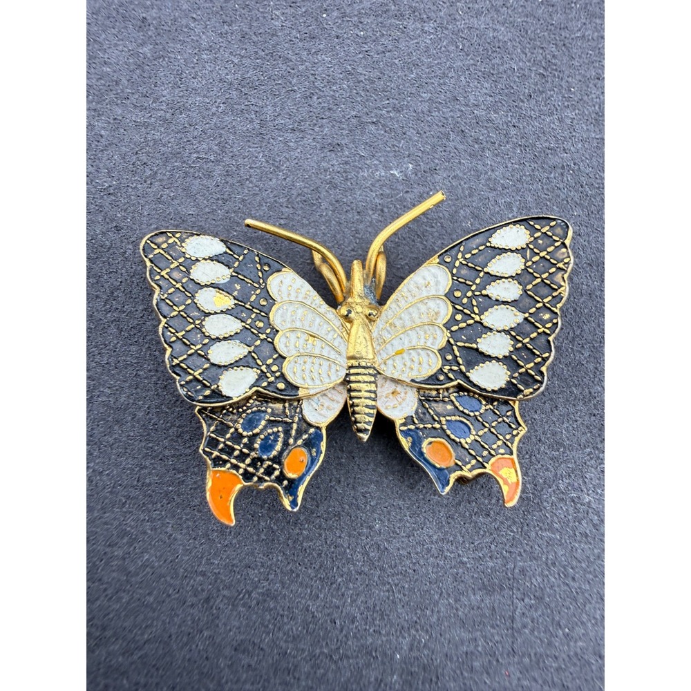 Vintage Spain Butterfly Brooch Enamel Gold Tone Wing Detail Cottagecore